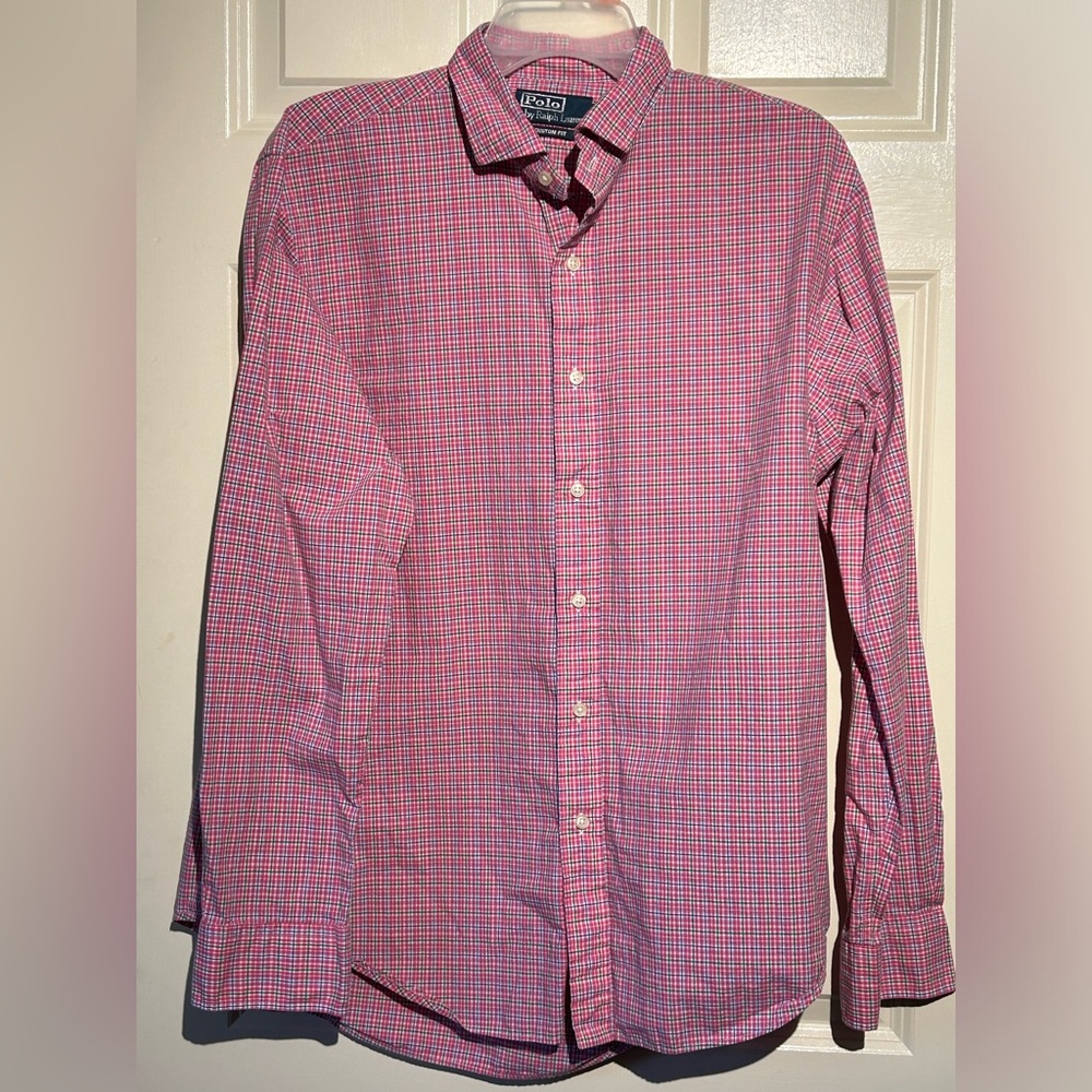 Polo Ralph Lauren Large Men’s Large Pink Plaid Long Sleeve Cotton Custom Fit